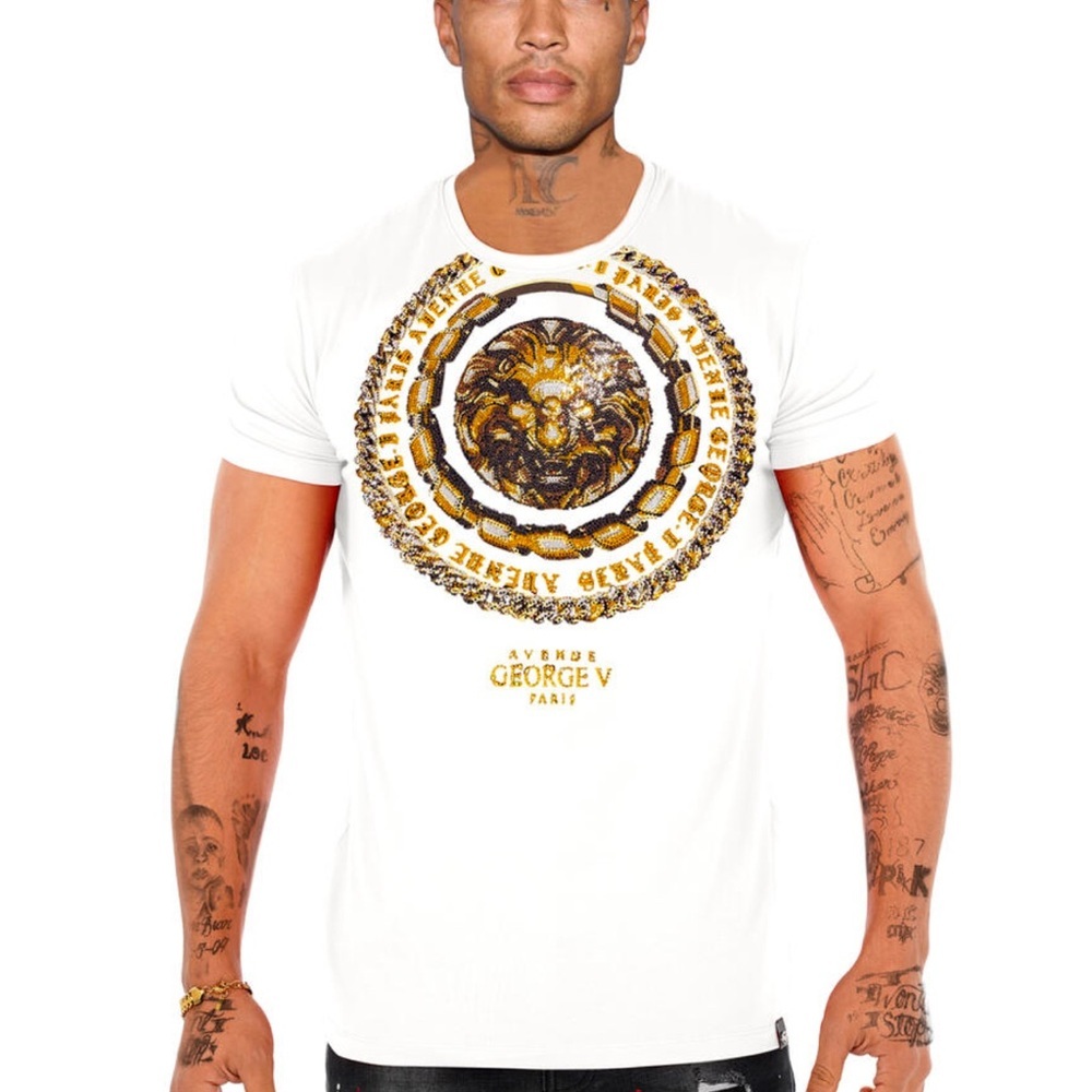 Men’s designer white George V Paris T-shirt with rhinestones